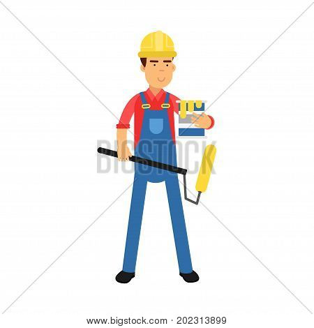 Male worker character with paint roller and bucket of paint cartoon vector Illustration on a white background