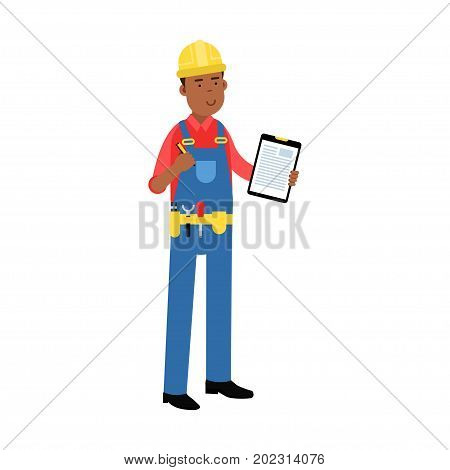 Male construction worker character in overalls with belt with tools holding clipboard with document cartoon vector Illustration on a white background
