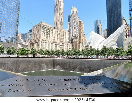 New York City -June 21 2017 - 9 11 Memorial at World Trade Center Ground Zero