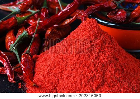 Cayenne Red Pepper Powder In White Bowl Over Wooden Background