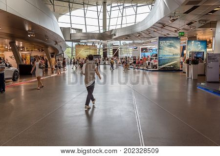Munich, Germany - August 3, 2017: Interior shot of BMW Welt in Munich. It is a multi-use exhibition center used for meetings and promotional events, and where buyers take delivery of BMW vehicles. Designed by archtectural firm Coop Himmelblau