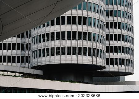 Munich, Germany - August 3, 2017: Exterior shot of BMW main offices in Munich. Designed by archtectural firm Coop Himmelblau