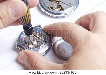 The Watch Workshop. Repair Of Old Watches. The Mechanism Of The Clock, The Screwdriver, Which The Ma
