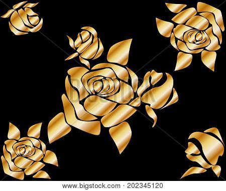 Metal, Golden Roses On A Black Background. Outline, Luxury, Design Elements, Bud, Leaves, Flower
