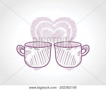 Two mugs with a romantic heart in the white background