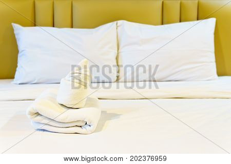 Bathroom Accessories Preparation On The Bed In A Room Of Hotel Or Apartment. Well And Nice Preparati