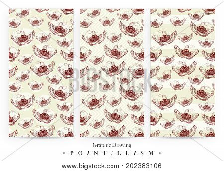 Set of seamless patterns with red anemone flowers and yellow stripes isolated on white background. Graphic drawing pointillism technique. Botanical natural collection. Floral illustration drawn by hand