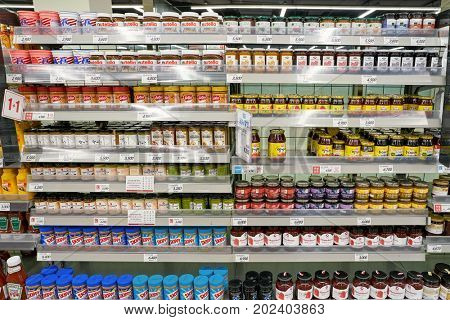 BUSAN, SOUTH KOREA - MAY 25, 2017: inside a Lotte Mart in Busan. Lotte Mart is an east Asian hypermarket that sells a variety of groceries, clothing, toys, electronics, and other goods.