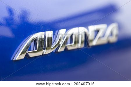 Hanoi, Vietnam - Sep 1, 2017: Close up of the logo of Toyota Avanza MPV car, taken within a test drive. Toyota Motor is a Japanese automotive manufacturer headquartered in Toyota, Aichi, Japan.