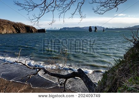 Beautiful Kamchatka Peninsula seascape: view of rocky islands in sea - Three Brothers Rocks in Avacha Bay (Avachinskaya Bay) in Pacific Ocean. Kamchatka Region Russian Far East Eurasia.