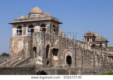Jahaz Mahal Ship Palace in sunrise. Mandu Madhya Pradesh India