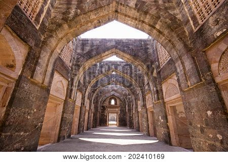 Arched architecture in the palace Jahaz Mahal . Mandu Madhya Pradesh India