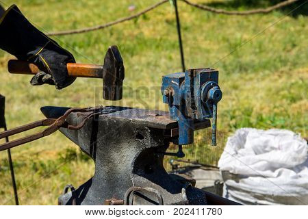 Blacksmith forging a horseshoe with a hammer on anvil