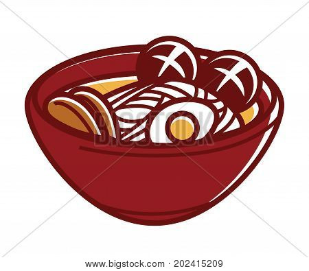 Japanese soup with long noodles, tasty meat balls and boiled eggs in big clay bowl isolated cartoon flat vector illustration on white background. Hot nutritious liquid dish from oriental cuisine.