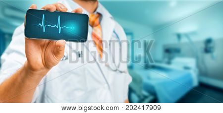 Technology in Health and Medicine Concept. Doctor With Smartphone With Medical App In Hospital