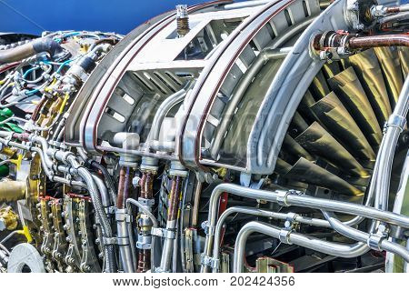 Macro view of the airliner turbojet turbine engine equipment with selective focus effect
