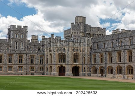 Courtyard garden and buildings of Windsor Castle near London England