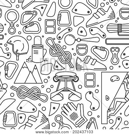 Black and white seamless pattern with image of climbing equipment. Completed in linear style.