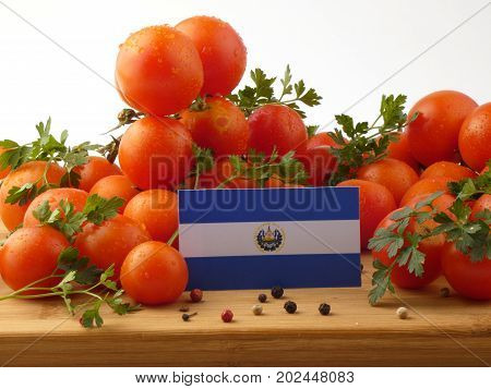 El Salvadoran Flag On A Wooden Panel With Tomatoes Isolated On A White Background