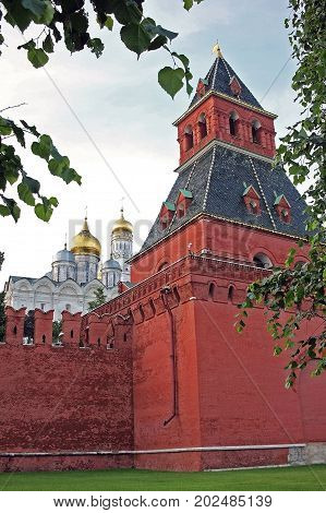 Moscow Russia - 14 July 2017: Taynitskaya Tower is a middle tower on the south side of the Moscow Kremlin. It was built in 1485