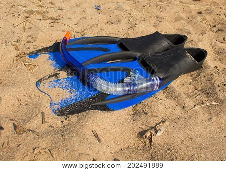 swimming snorkel and fins lying on the sand