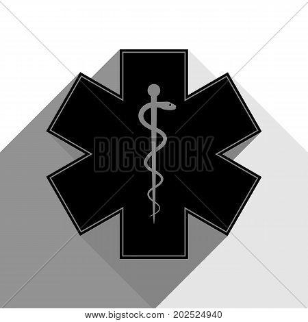 Medical symbol of the Emergency or Star of Life with border. Vector. Black icon with two flat gray shadows on white background.