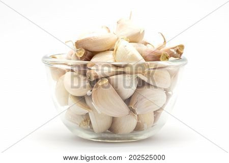 Glass cup of rood garlic on white background