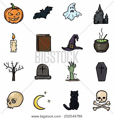 Vector Set Of Color Doodle Halloween Icons. Traditional Halloweens Atributes.
