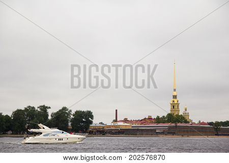 the launch sails along the Neva river