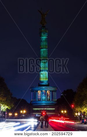 BERLIN GERMANY - OCTOBER 13 2015: Berlin Victory Column in the original illumination. The annual 