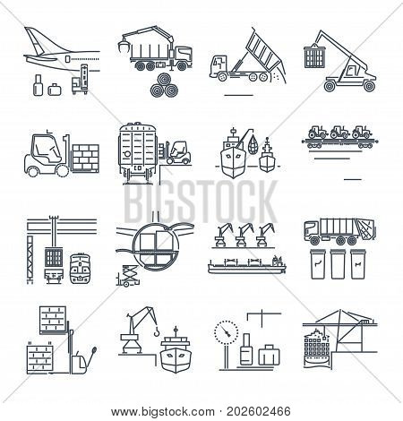 set of thin line icons loading and unloading of goods handling storage