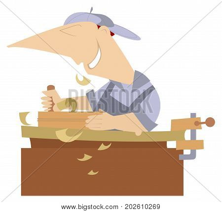 Cartoon young joiner isolated. Cheerful carpenter works at joinery shop