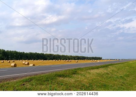 landscape of the agricultural field after harvesting of cereals with sheaf of straw and the highway