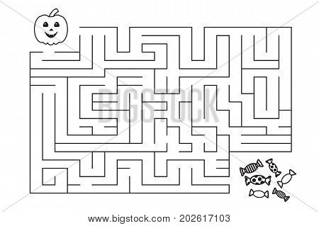 Labyrinth for children. Halloween pumpkin and candies.Entry and exit. Coloring page. Vector illustration. Isolated on white background.