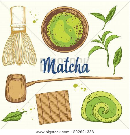 Japanese ethnic and national tea ceremony. Matcha. Traditions of teatime. Decorative elements for your design. Vector Illustration with party symbols on white background.