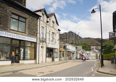 Blaenau Ffestiniog Wales UK - August 22 2017: The main high street in the Welsh mining town of Blaenau Ffestiniog famous for it's slate mines and situated in the centre of the Snowdonia National Park