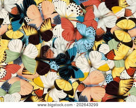 Seamless pattern with lot of different butterflys. Realistic 3D illustration