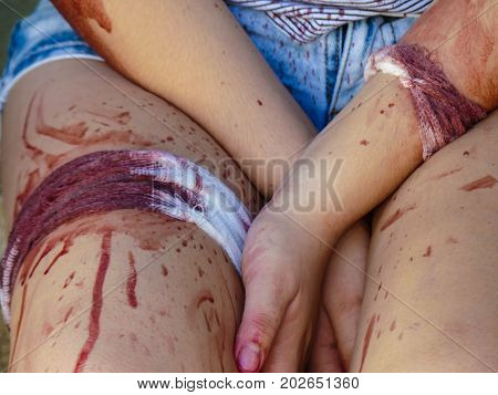 Bandage body fake blood painful wound background close up
