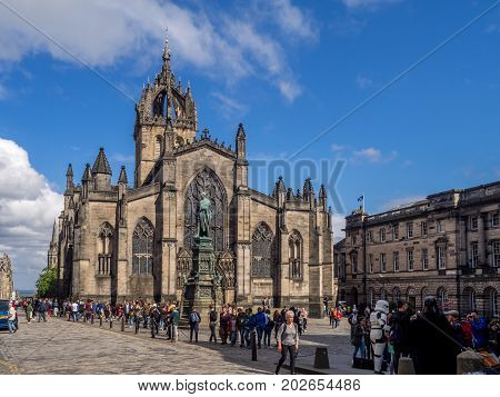 EDINBURGH, SCOTLAND - JULY 26: Looking down the Royal Mile in the Old Town towards St. Giles Cathedral on July 26, 2017 in Edinburgh Scotland. St. Giles is the main Kirk of Scotland.