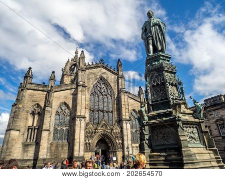 EDINBURGH, SCOTLAND - JULY 26: Looking down the Royal Mile in the Old Town towards St. Giles Cathedral on July 26, 2017 in Edinburgh Scotland. St. Giles is the main Kirk of Scotland.