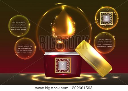 Label design template on cosmetic container with advertising background ready to use, red and gold luxury skin care ad. Illustration vector