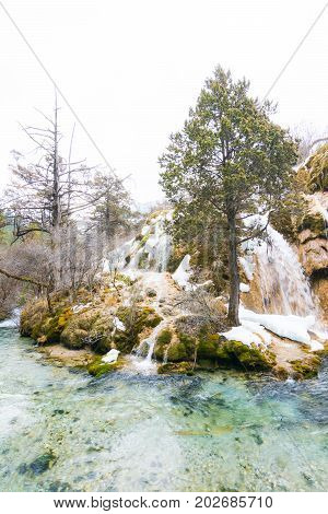 Waterfall in the forest. Stream of water on the rocks. Clean and cold water over the coniferous forest. Stones in the snow. Powerful rocks and a stream of water