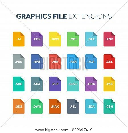 Flat style icon set. Graphic design, vector file type, extencion. Document format. Pictogram. Web and multimedia. Computer technology.
