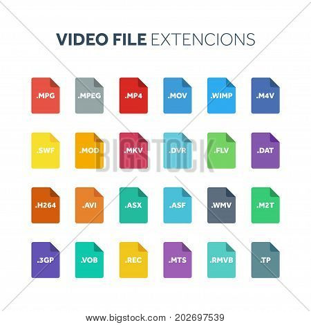Flat style icon set. Video, movie, film file type, extencion. Document format. Pictogram. Web and multimedia. Computer technology.