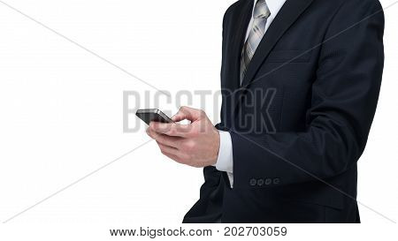 business man using mobile smartphone close up of a copy space.