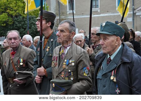 BEREZHANY - Ukraine - October 14 2012. Participants of Ukraine liberation struggle against the Nazi invaders and occupiers in Moscow celebrating the 70th anniversary of the Ukrainian Insurgent Army