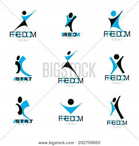 Vector illustration of excited abstract person with raised hands up. Liberty conceptual logo.