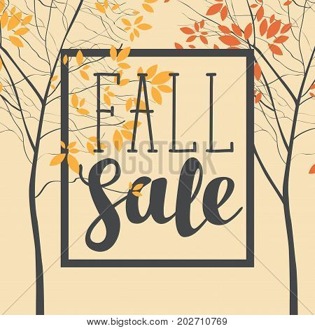 Vector banner with the words Fall sale. Autumn landscape with autumn leaves on the branches of trees in a Park or forest. Can be used for flyers banners or posters.