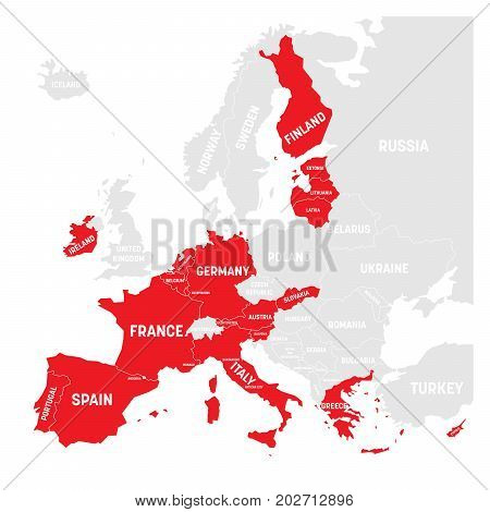 Map of Eurozone. States using Euro currency. Grey vector map with red highlighted member countries.