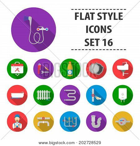Plumbing set icons in flat style. Big collection plumbing vector symbol stock